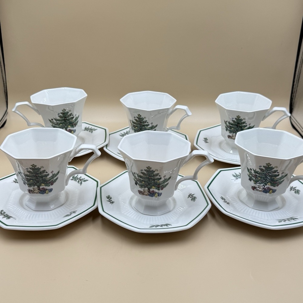 Nikko Christmastime Octagon Footed Cup & Saucer Set of 6 Holiday Serving VTG